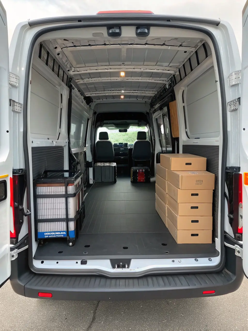 A professional image of a sprinter van loaded with packages, ready for immediate dispatch.