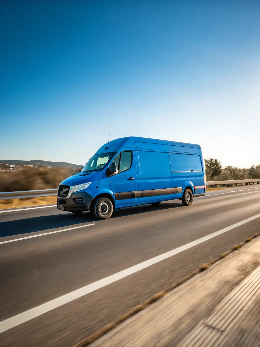 A high-quality photograph of a cargo van speeding down a highway at dawn, symbolizing fast and reliable delivery services.