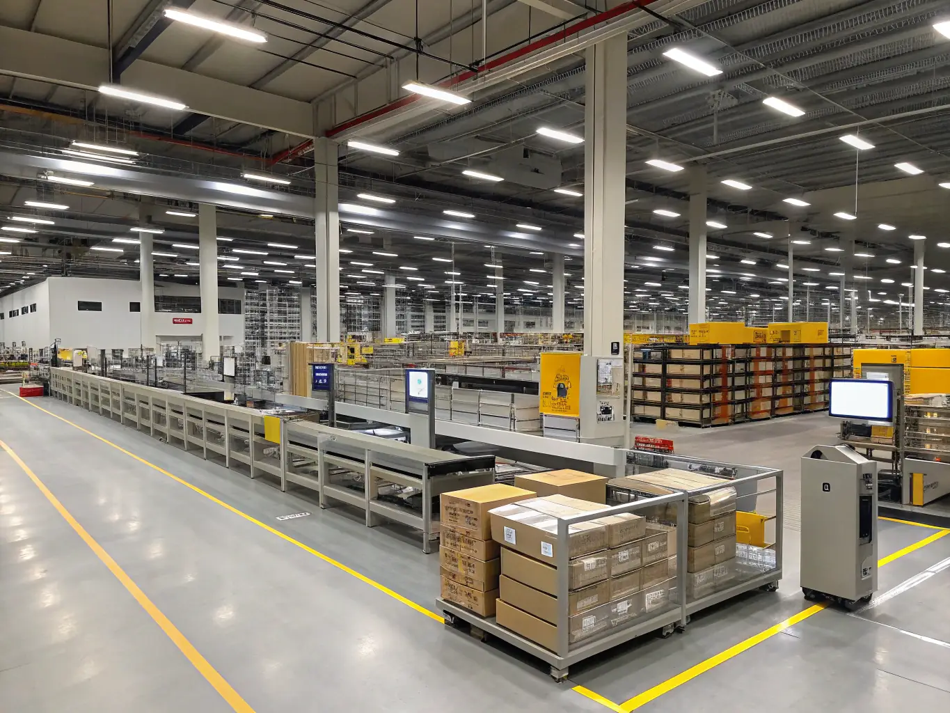 A modern warehouse with automated systems, showcasing efficient logistics operations and advanced technology.