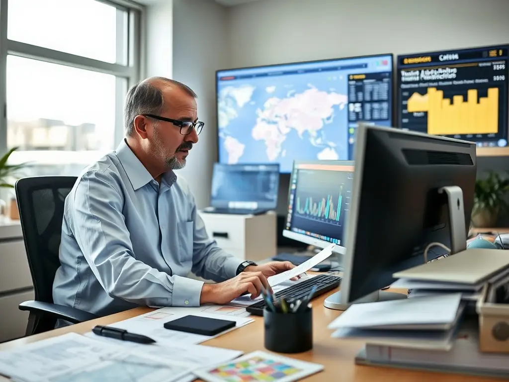 A professional logistics expert overseeing a detailed shipping manifest in a brightly lit, modern office setting, emphasizing precision and attention to detail.