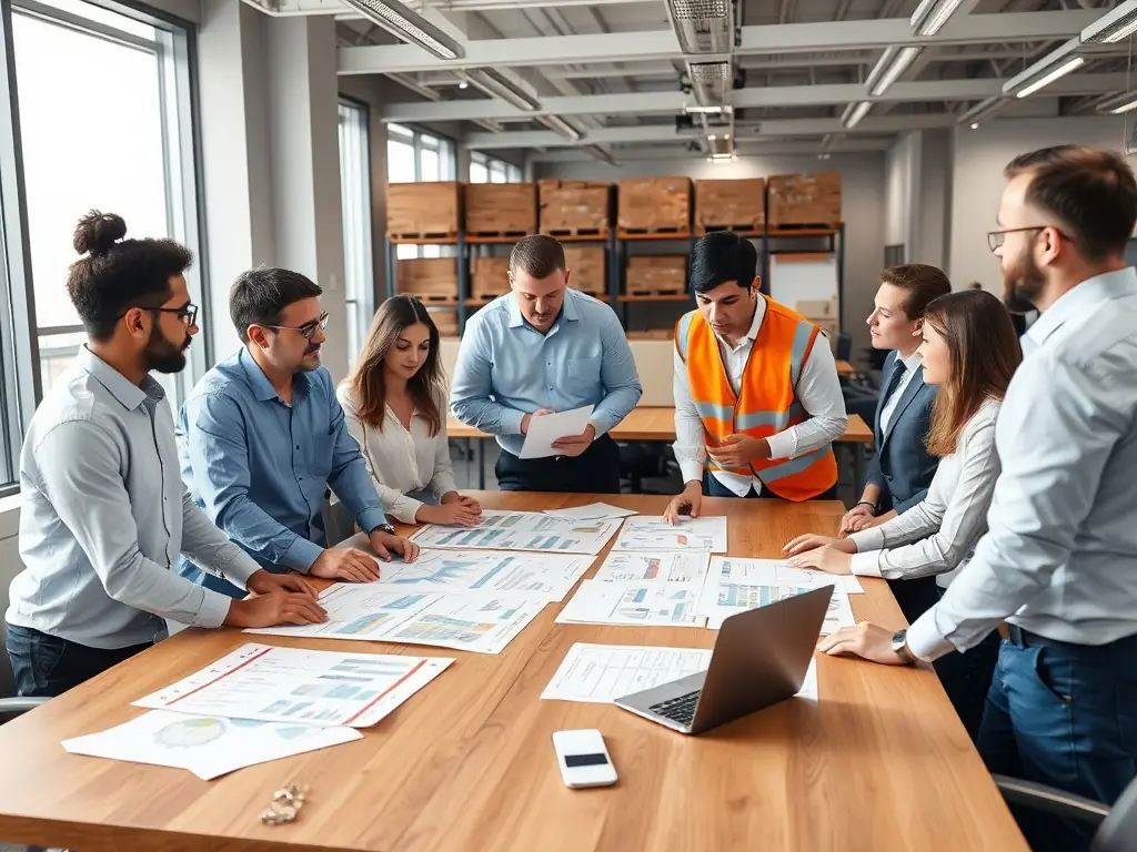 A diverse team of logistics professionals collaborating in a modern office, emphasizing teamwork and expertise.